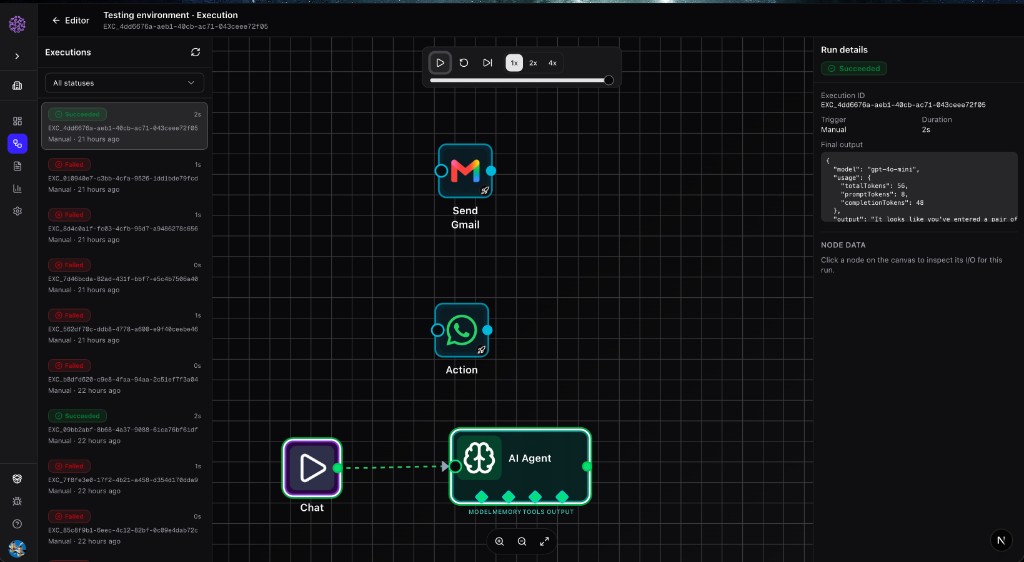 Execution History workspace — past runs on the left, snapshot canvas in the center, and Run details on the right