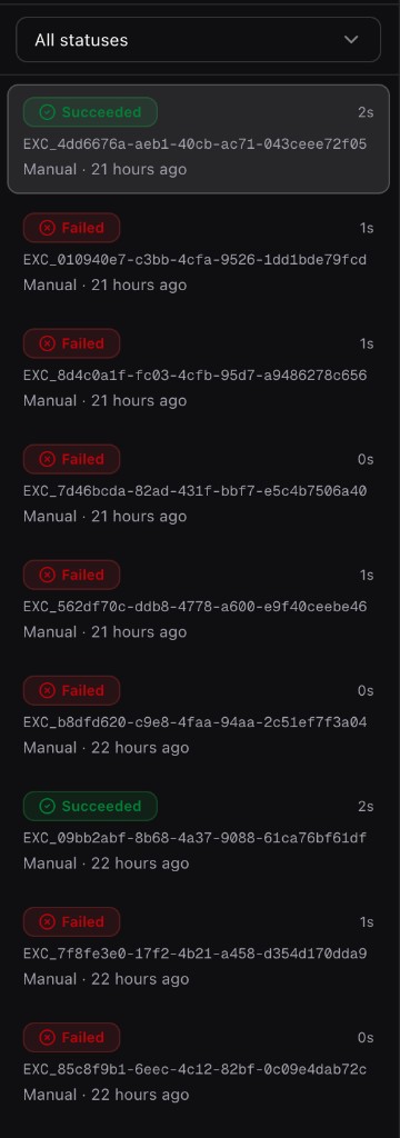 Executions list with Succeeded and Failed badges, trigger type, and duration