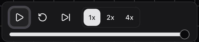 Replay controls — play, restart, jump to end, speed (1x / 2x / 4x), and timeline scrubber