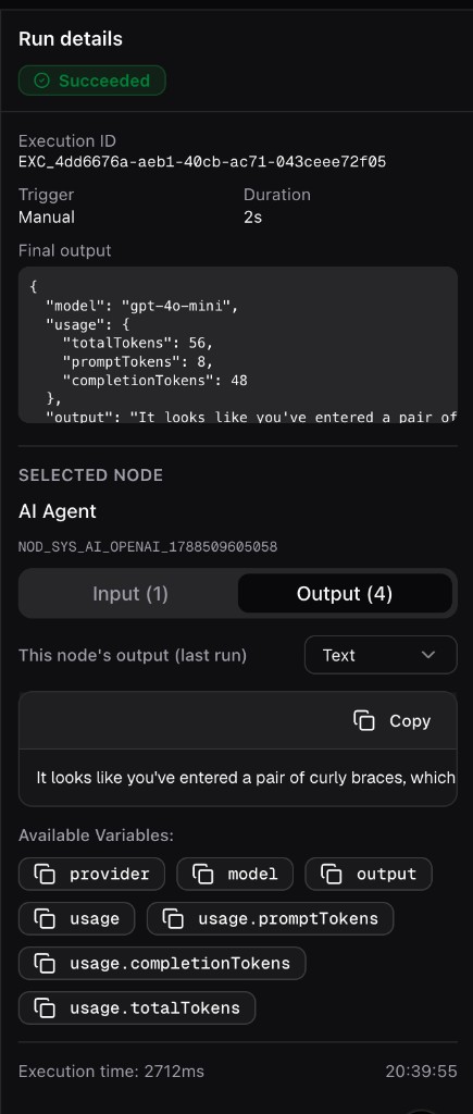 Run details with final output and a selected AI Agent node’s Output tab and available variables